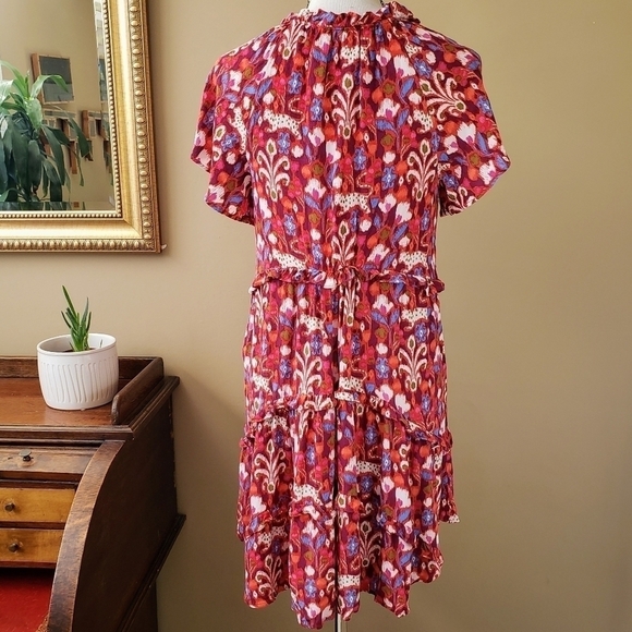 Anthropologie Robin Tiered Mini Dress Pink Ikat Flutter Sleeve Ruffle Size XS - Picture 8 of 14